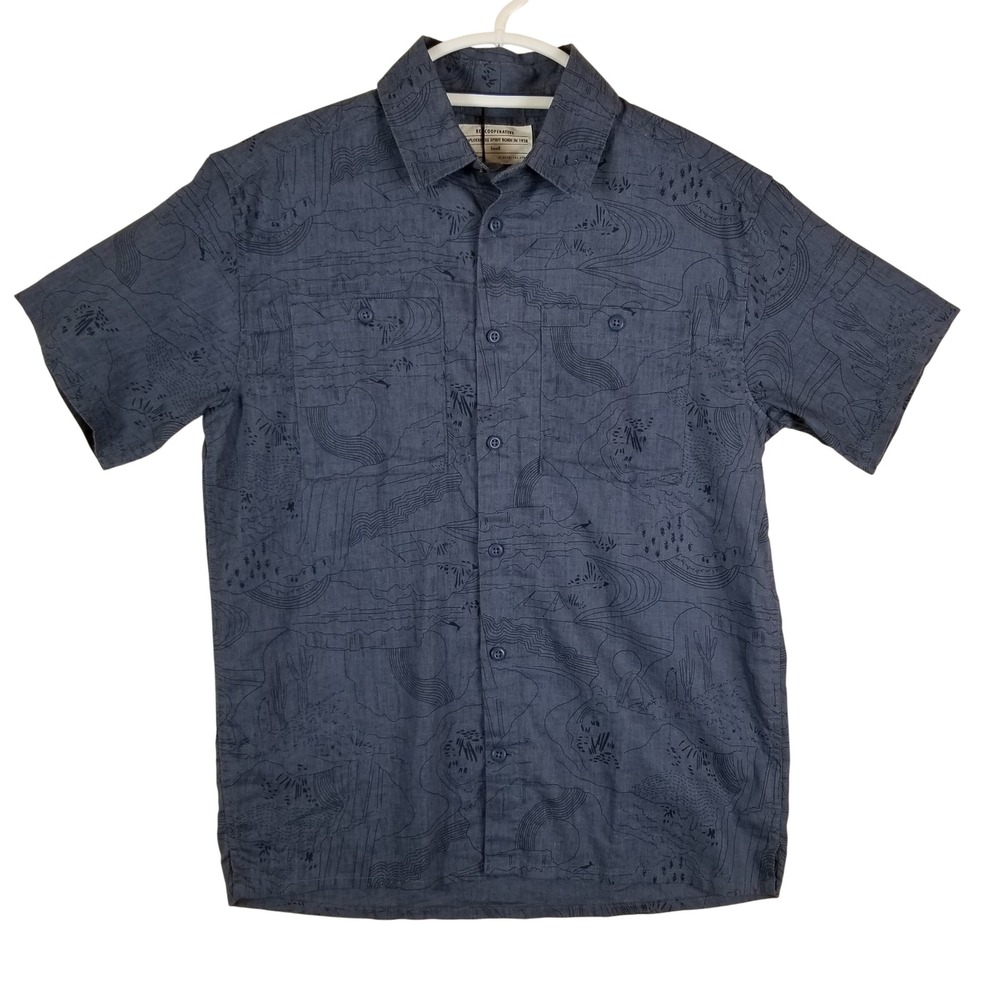 REI Co-op Mens Westerlands Pattern Shirt Blue Hemp Cotton Short Sleeve Small NWT